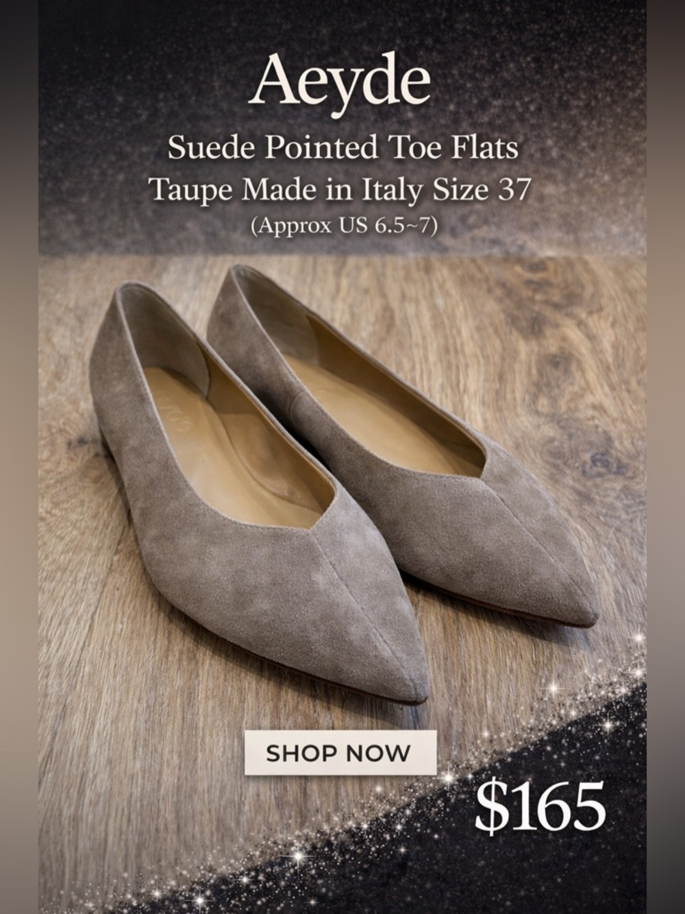 Aeyde Suede Pointed Toe Flats Taupe Made in Italy Size 37